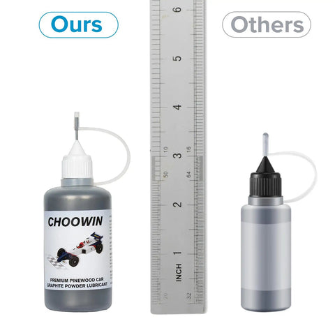 Pro Grade Graphite Powder Lubricant For Pinewood Derby Cars And Locks, 60 ml bottle comparison with ruler