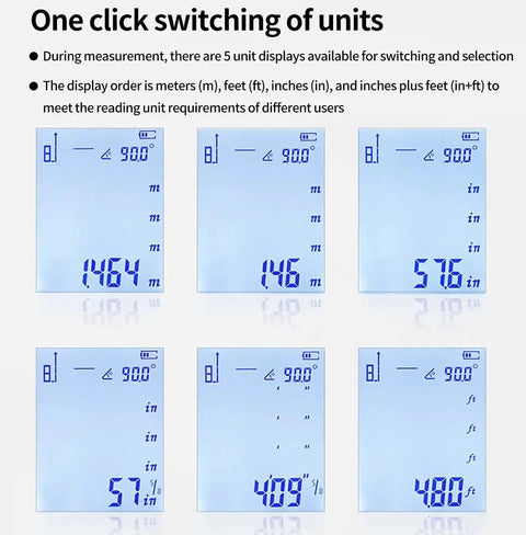 Built Different Green Laser Distance Meter Kicks Up To 70 Meters display showing switching of measurement units in meters, feet, and inches.
