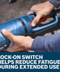 Hands handling GWS25-230JR 9 Inch Large Angle Grinder showing lock-on switch feature.