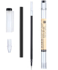 Disassembled 12 Pack 0.35mm Black Gel Ink Pens Extra Fine Point showing cap, barrel, and refill components