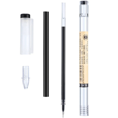 Disassembled 12 Pack 0.35mm Black Gel Ink Pens Extra Fine Point showing cap, barrel, and refill components