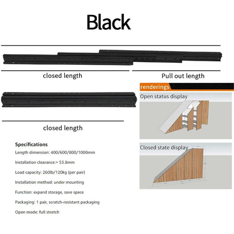 Heavy Duty Bottom Mounted Drawer Slides With Full Extension And Silent Smooth Operation For Cabinets And Furniture, Rust Resistant Electroplated And Powder Coated Finishes, Durable Steel Construction And Ball Bearing System, black 1000mm