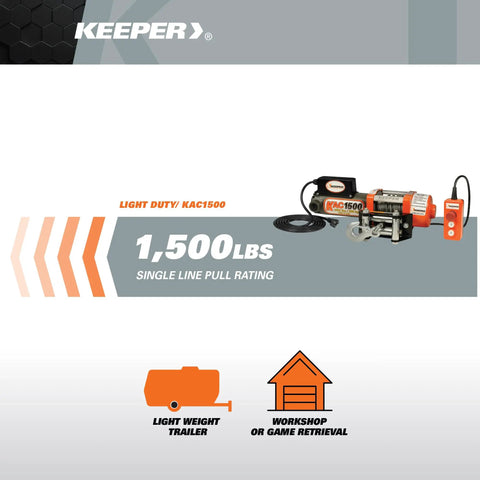 Electric Winch 1500 Lb Capacity With Remote Control shown with 1,500 lbs single line pull rating and handheld controller.