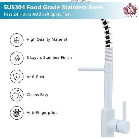 GICASA Kitchen Faucet - Pull Down Sprayer,High arc Commercial Stainless Steel Kitchen Sink Faucet White features SUS304 food grade steel.