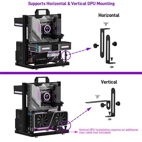 Open Air Aluminum PC Test Bench Case With Open Frame Chassis supporting horizontal and vertical GPU mounting options.
