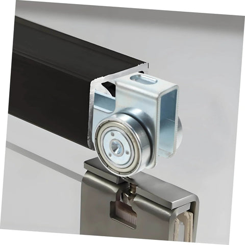 Close-up of heavy duty sliding door roller wheels for barn and cabinet doors, U type track pulley system, high load capacity.