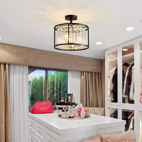 Crystal Semi Flush Mount Ceiling Light Fixture With 3 Light Modern Farmhouse LED Drum Crystal Lamp E12 Base D13 X H15 Gold Matte Black Finish Metal Frame Dope Shine For Living Room