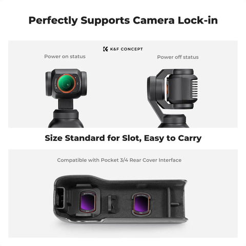 FD161 K-Series CPL ND Filter Kit showing camera lock-in support and compatibility with Pocket 3/4 rear cover interface.