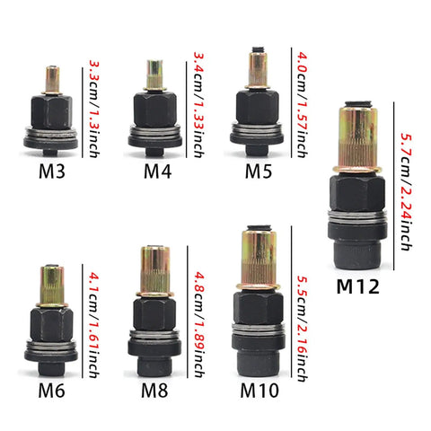 7 Mandrel Carbon Steel Rivet Nut Tool Kit For Drill Heavy Duty Fastening Set with M3-M12 mandrels shown in size chart
