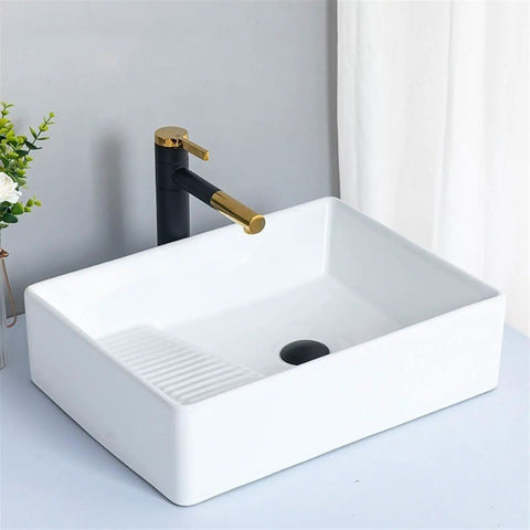 USZWBY Bathroom Vessel Sink Bowl Basin Modern Fashion European Style Rectangular Countertop Basin Hand Basin with Black and Gold Faucet.
