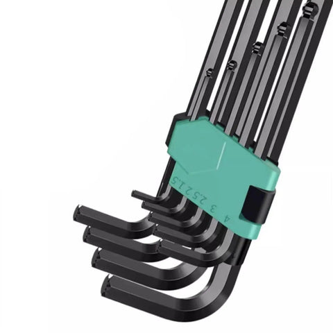Nine Piece L Type Hex Tool Set Built Tough From Wear Resistant Steel For Heavy Duty Mechanical Work With Precise Hex Heads And Rust Resistant Coating Quality. 9-piece L-type hex keys in holder