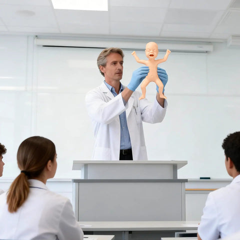 Instructor demonstrating Premature Infant Simulator And NG Tube Insertion Trainer to nursing students in clinical training.