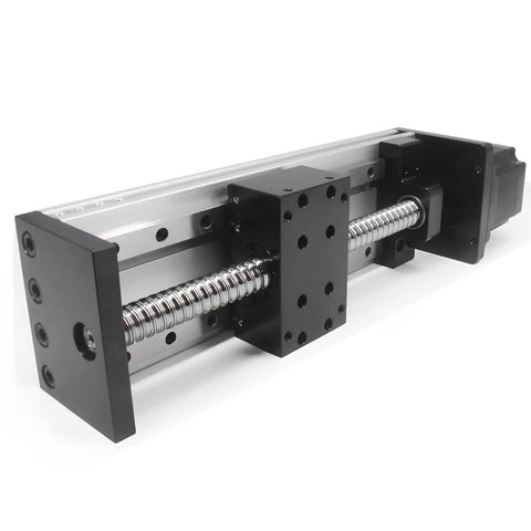 Side angle view of Dual Linear Rail Guide With SFU1605 Ballscrew And Square Rails, NEMA23 Stepper Motor, 150mm Stroke CNC Actuator