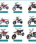 Image showing various models of dirt bikes including SSR SR70c, Apollo 125cc, Coolster QG210, Honda XR CRF70, Pister Pro, Coleman 125cc, Xmotos, Peace Sports, and Lifan 110/125cc.