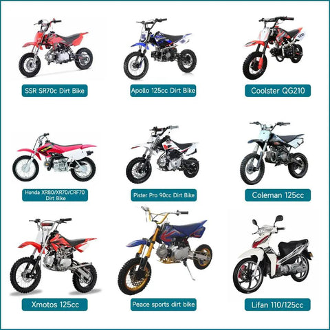 Image showing various models of dirt bikes including SSR SR70c, Apollo 125cc, Coolster QG210, Honda XR CRF70, Pister Pro, Coleman 125cc, Xmotos, Peace Sports, and Lifan 110/125cc.