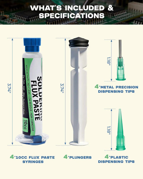 Lead-Free Rosin No Clean Solder Flux Paste For Electronics Repair, 4 Pack 10cc Syringes shown with plungers and tips