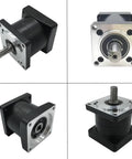 Nema 34 planetary gearbox side view with square mounting flange and protruding shaft.
Nema 34 planetary gearbox front view with square flange and central shaft.
Nema 34 planetary gearbox side view from opposite angle showing flange and shaft.
Top view of Nema 34 planetary gearbox showing square flange, mounting holes, and central shaft.