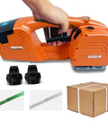 Cordless Electric Strapping Machine With Plug And Play 6000 Mah Battery for sealing box with green and clear straps.