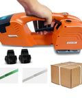 Heavy Duty Beast Electric Handheld Strapping Machine Boasts 6000 Mah Battery in use with plastic strap and cardboard box