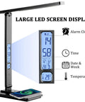 LED Desk Lamp With Wireless Charger And USB Port, Touch Control Table Lamp With Clock Date Temperature Alarm And LCD Display
