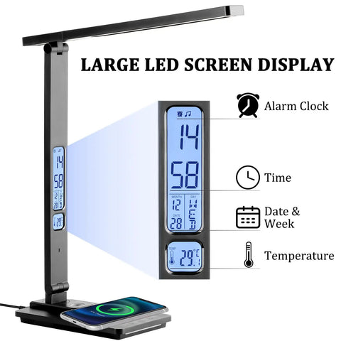 LED Desk Lamp With Wireless Charger And USB Port, Touch Control Table Lamp With Clock Date Temperature Alarm And LCD Display