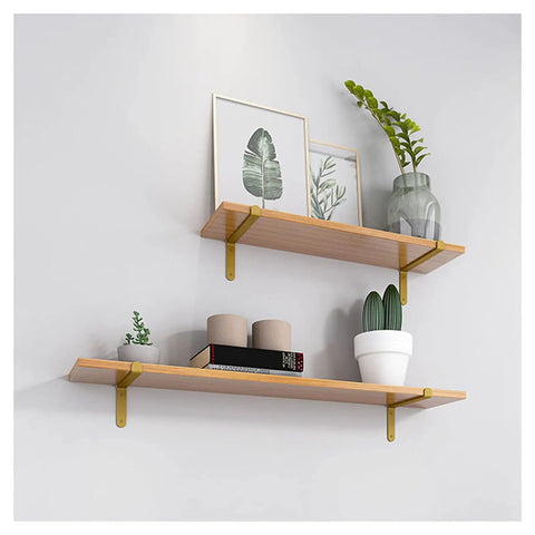 Premium Corner Shelf Brackets For Floating Wall Shelves And Rustic Industrial L Shape Supports With A Sleek Matte Black Finish and wooden shelves with plants and decor.