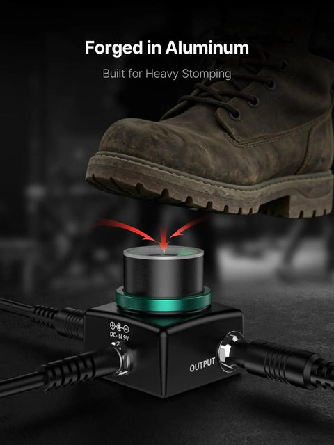 Guitar Tuner Pedal With Ultra Precise Plus Or Minus 0.5 Cent Tuning, durable aluminum stompbox for heavy use, pedalboard setup.
