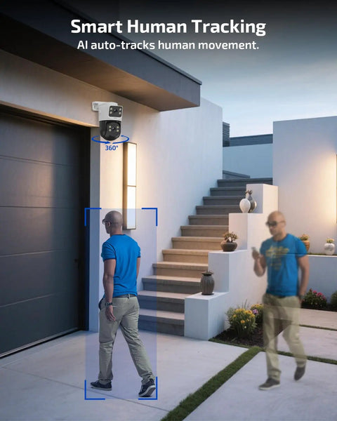4K Ultra HD Auto Tracking Wired Security Camera System With Outdoor PoE PTZ Cameras Dual Lens Surveillance Kit mounted on wall