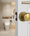 Antique Brass Door Knob With Privacy Lock, Vintage Style Interior Door Knob For Bedroom And Bathroom, shown on a door.