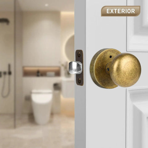 Antique Brass Door Knob With Privacy Lock, Vintage Style Interior Door Knob For Bedroom And Bathroom, shown on a door.