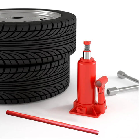 Heavy Duty Floor Jack Handle Replacement With Textured Grip Sleeve For 50 Ton Hydraulic Bottle Lifts next to black tires and tools.