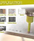 Diamond core drill bits set for tile; 4x 6/8mm hole saws, 20mm beveling bit, hex adapter — in-use drilling countertop.