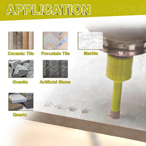 Diamond core drill bits set for tile; 4x 6/8mm hole saws, 20mm beveling bit, hex adapter — in-use drilling countertop.