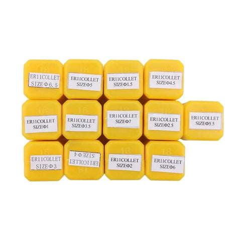 Top Tier ER11 Spring Collet Chuck Set Range 1mm To 7mm For CNC Milling And Engraving Lathes, yellow collets in various sizes.