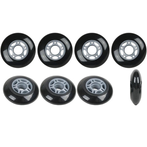 Inline Skate Wheels 76mm And 80mm 82A Black All Purpose Outdoor Indoor Set For Street And Hockey Skating With Durable Urethane And A 5 Spoke Hub For Tough Grips And Smooth Rolling displayed in an 8-pack with side and top view.