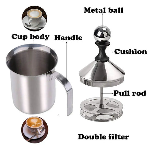 Stainless Steel Manual Milk Frother Handheld Foam Maker For Coffee Cappuccino Latte Hot Chocolate 14 Ounce 400ml No Battery Needed