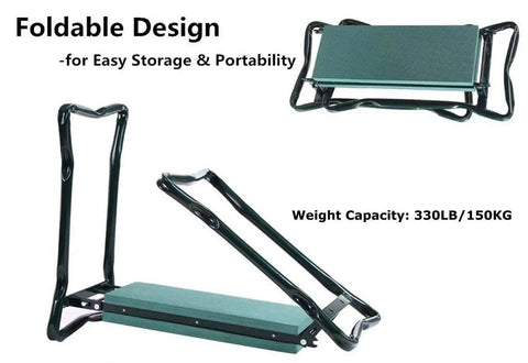 Folding Garden Kneeler Seat With Tool Pouch Bag And Thick EVA Foam Kneeling Pads showing foldable design and iron frame