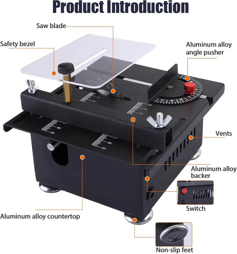 Heavy Duty Mini Table Saw For No Sweat Wood And Acrylic Cuts In Tight Spaces Portable Desktop Electric Craft Saw with safety bezel and adjustable angle.