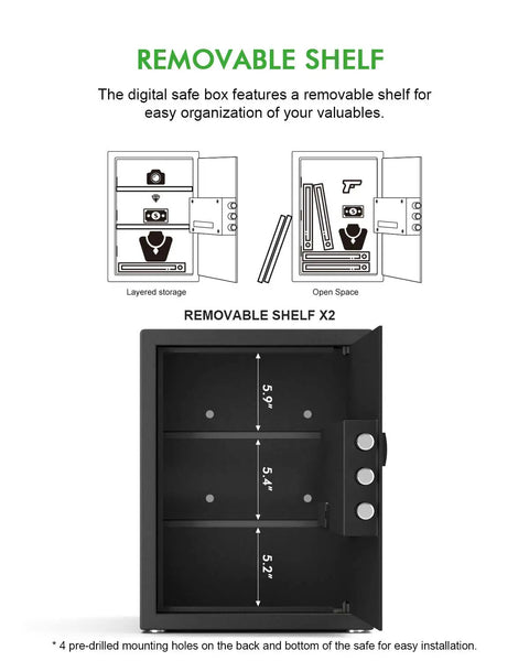 Heavy Duty Wall Safe With Digital Keypad Lock For Home Office Hotel No Brainer Security Storage 1.3 Cubic Feet Black Removable Shelf