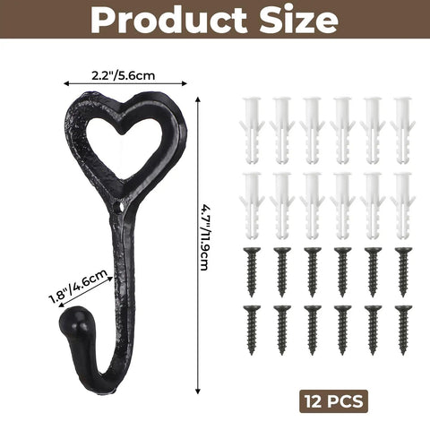 12 Pack Heavy Duty Cast Iron Coat Hooks Wall Mounted Black with heart design, dimensions 2.2x1.8x4.7 inches for durable storage.