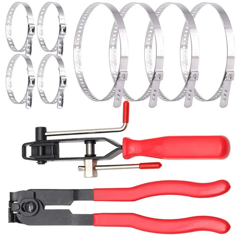 Heavy Duty Stainless Steel Crimping Tool Kit For Hose Clamps And Banding Shafts With Built-In Cutter Perfect For Cars Pipes Machinery CV Joint Boot Work And Universal Jobs, red handles