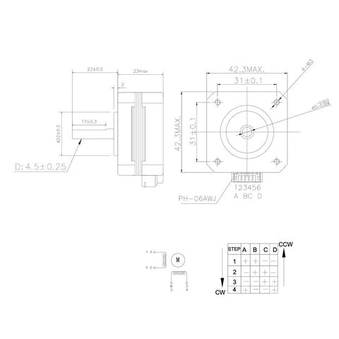 Technical blueprint of Nema 17 Stepper Motors Kit, 5 Pack, 42x23mm 42BYGH, 4 lead wire, 1m cable, 130 mNm torque