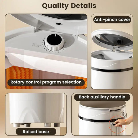 Triple Threat Semi Auto Mini Washer Dryer For Sneakers And Workout Gear user interface features including rotary control and anti-pinch cover.