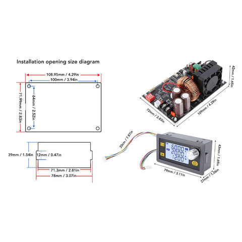 Pro Grade CNC Adjustable DC Power Supply 0-60V 20A 1200W With LCD Display showing components and installation dimensions