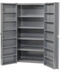Workhorse Steel Storage Cabinet With Adjustable Interior Shelves And Heavy Duty Deep Pocket Doors For Tough Commercial Jobsite and Professional Shop Gear Organization, open view showing shelves.