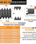 Infographic of black plastic M6 star hand knob; hex clamping head with thread pitch details.