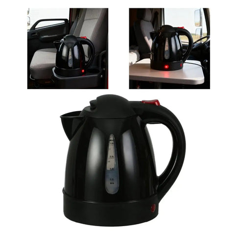 RigReady 24V 250W Portable Electric Kettle For Trucks And Rv, 1 liter black kettle on console for quick heating.