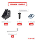 Package contents of 20 Sets Black 2020 Series Aluminum Extrusion Corner Bracket Kit with connectors, M5 screws, nuts, and wrench.