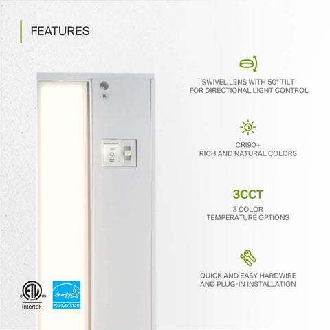 Swivel LED Under Cabinet Lighting Kit 24 Inch Plug In Or Hardwired Dimmable With 3CCT 2700K 4000K High Low Off Switch ETL features.