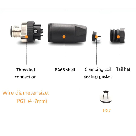 Components of M12 5 Pin Male Circular Connector A Coding IP67 Field Wireable Sensor Adapter with Threaded Connection and PA66 Shell